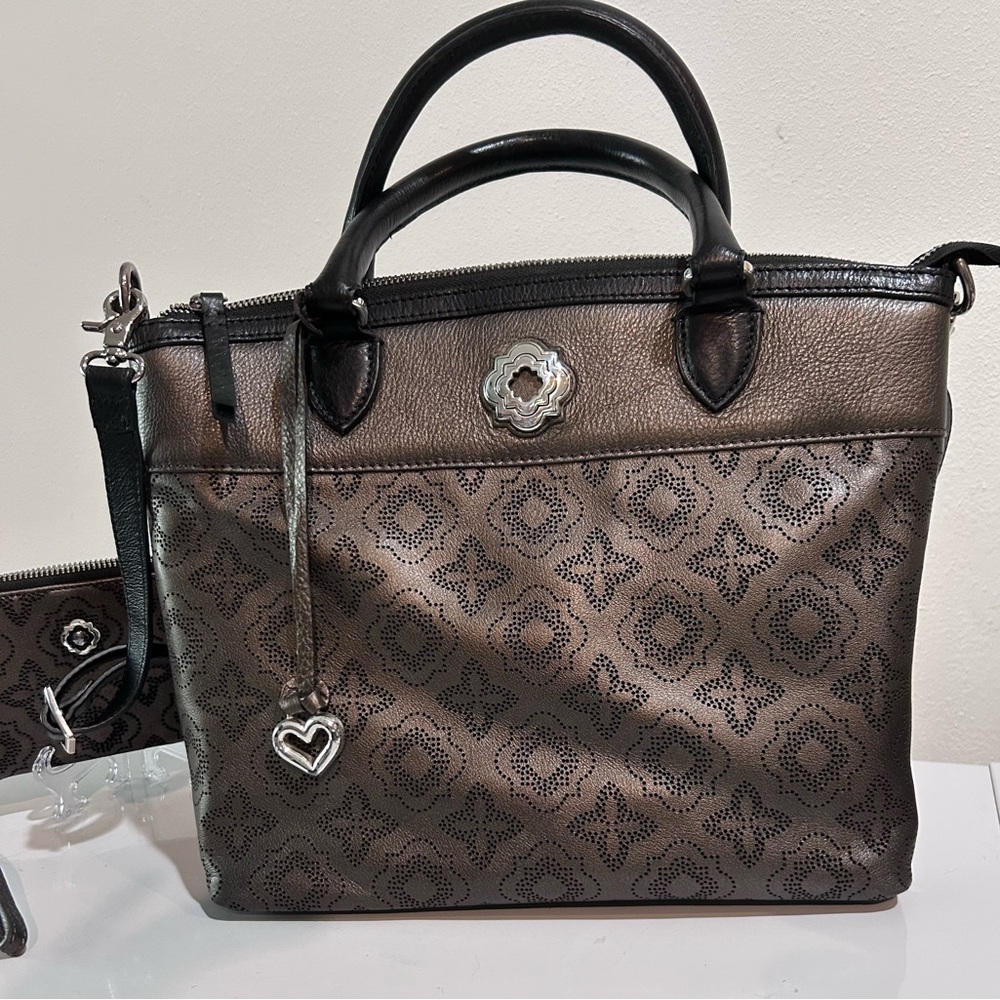 Brighton Graceful Arabesque Prima Satchel Pewter Black Perforated Leather